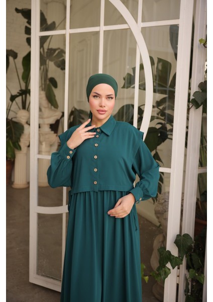 Ankanoor Zümrüt Yeşili Önlüklü Medine Ipeği Elbise ANKA255065 fırsatları