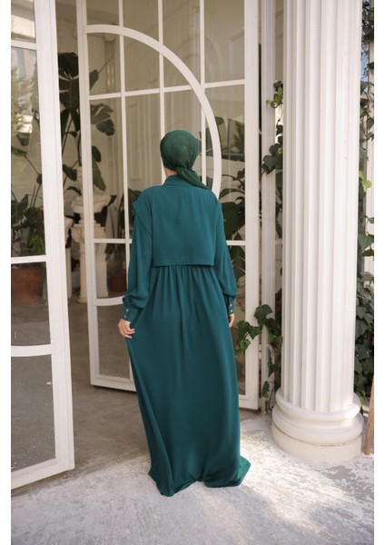 Ankanoor Zümrüt Yeşili Önlüklü Medine Ipeği Elbise ANKA255065