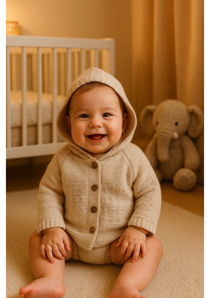 Yenidoğan Kapüşonlu Çift Katlı Triko Kız - Erkek Bebek Hırka