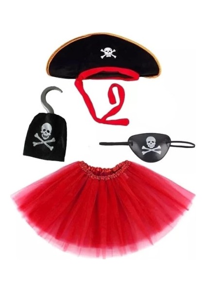 Korsan Şapkası Eteği Kancası ve Göz Maskesi Kostüm Seti Kız Çocuk