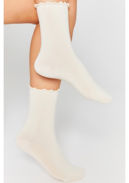 Bambu Kadın Lastiksiz Krem Fırfırlı Lastiksiz Dikişsiz Kadın Krem Soket Çorap/iz Bırakmaz/sıkmayan Çorap