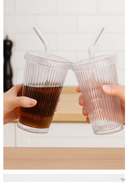 8 Adet Latte Kapaklı Pipetli Kristal Desen Fenomen Bardak Soğuk Kahve, Smoothie, Içecek Bardağ� modelleri