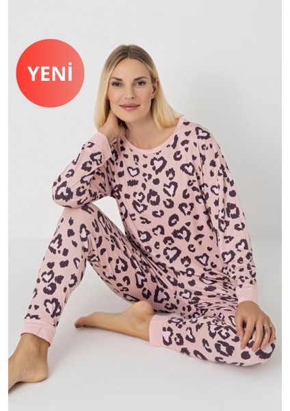 Kadın Pembe Leopar Desenli Kışlık Pijama Takımı – Dty Kumaş, Uzun Kollu, Cepli, Manşetli