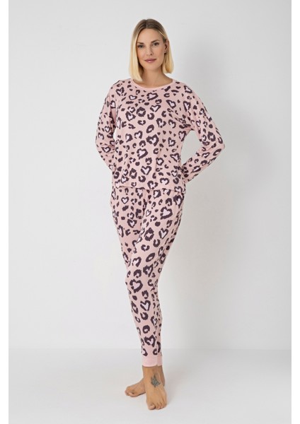 Kadın Pembe Leopar Desenli Kışlık Pijama Takımı – Dty Kumaş, Uzun Kollu, Cepli, Manşetli fiyatları