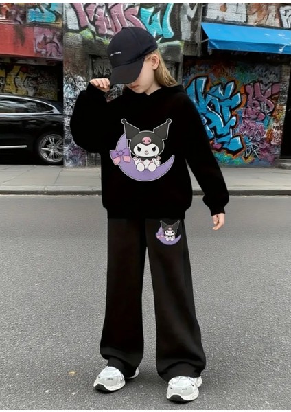 Punıx Kıds Özel Tasarım Kuromi Ay Da Baskılı %100 Pamuk Kışlık Ispanyol Paça Kız Çocuk Eşofman Takımı