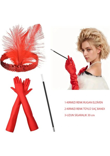 1920’LER Tarzı Kırmızı Tüylü Saç Bandı, Kırmızı Rugan Eldiven ve Sigaralık Seti