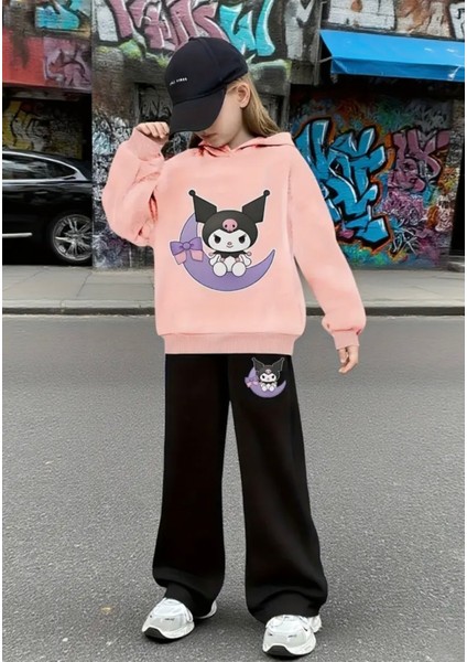 Punıx Kıds Özel Tasarım Kuromi Ay Da Baskılı %100 Pamuk Kışlık Ispanyol Paça Kız Çocuk Eşofman Takımı