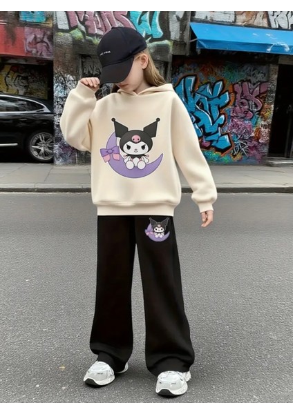 Punıx Kıds Özel Tasarım Kuromi Ay Da Baskılı %100 Pamuk Kışlık Ispanyol Paça Kız Çocuk Eşofman Takımı