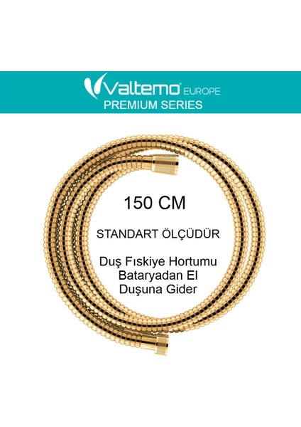 | Valtemo 150 cm Gold Duş Hortumu – Pirinç Somunlu, Paslanmaz Çelik