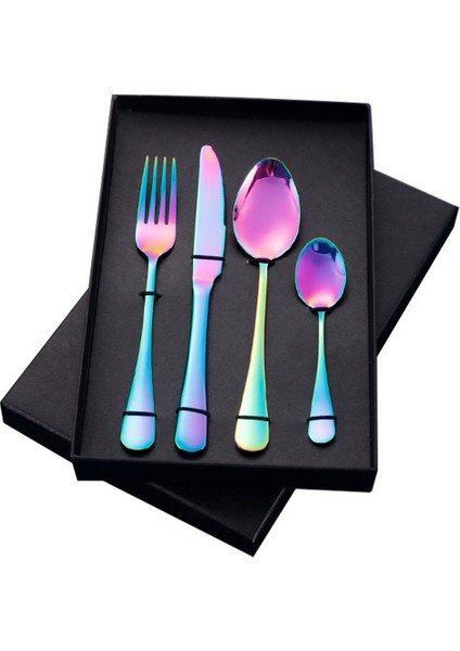 Premium Kalite Bpa'sız Paslanmaz Çelik Çatal, Kaşık ve Bıçak Seti Gökkuşağı Renk 4 Parça (24+ Ay)