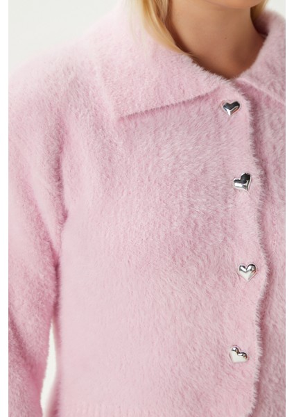 Kadın Date Yumuşak Sakallı Kalp Düğmeli Polo Yaka Pembe Triko Hırka fırsatları