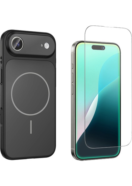 Iphone 17 Air Kılıf M-Safe Şarj Özellikli Kamera Camlı Formen Kapak-Siyah + Cam Ekran Koruyucu