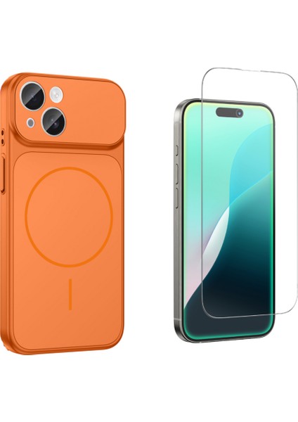 Iphone 13 Kılıf M-Safe Şarj Özellikli Kamera Camlı Formen Kapak-Turuncu + Cam Ekran Koruyucu
