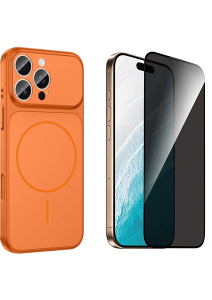 Iphone 16 Pro Max Kılıf M-Safe Şarj Özellikli Kamera Camlı Formen Kapak-Turuncu + Tam Kaplayan Hayalet Ekran Koruyucu