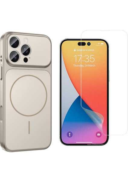 Iphone 16 Pro Max Kılıf M-Safe Şarj Özellikli Kamera Camlı Formen Kapak-Gri + Nano Ekran Koruyucu
