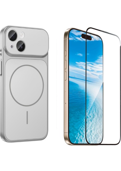 Iphone 13 Kılıf M-Safe Şarj Özellikli Kamera Camlı Formen Kapak-Gümüş + Tam Kaplayan Antistatik Esd Ekran Koruyucu