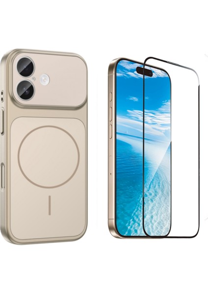 Iphone 17 Kılıf M-Safe Şarj Özellikli Kamera Camlı Formen Kapak-Gold + Tam Kaplayan Antistatik Esd Ekran Koruyucu