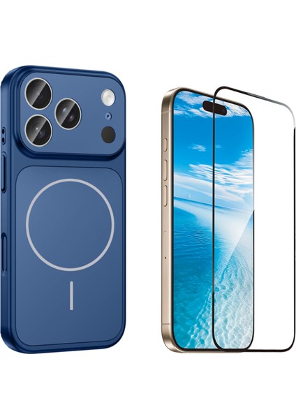 Iphone 17 Pro Max Kılıf M-Safe Şarj Özellikli Kamera Camlı Formen Kapak-Mavi + Tam Kaplayan Antistatik Esd Ekran Koruyucu
