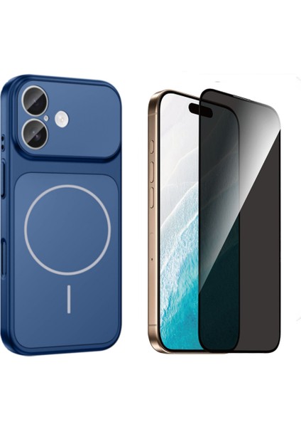 Iphone 16 Kılıf M-Safe Şarj Özellikli Kamera Camlı Formen Kapak-Mavi + Tam Kaplayan Hayalet Ekran Koruyucu