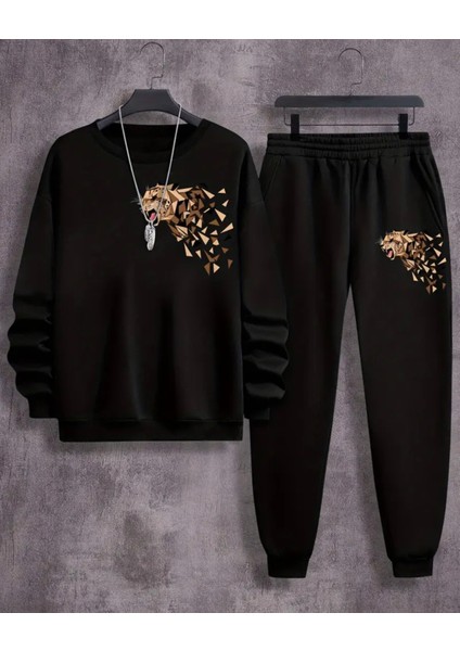 Büyük Beden Özel Tasarım Mozaik Kaplan Baskılı %100 Pamuk Kışlık 2 Li Dış Mekan Erkek Eşofman Takımı