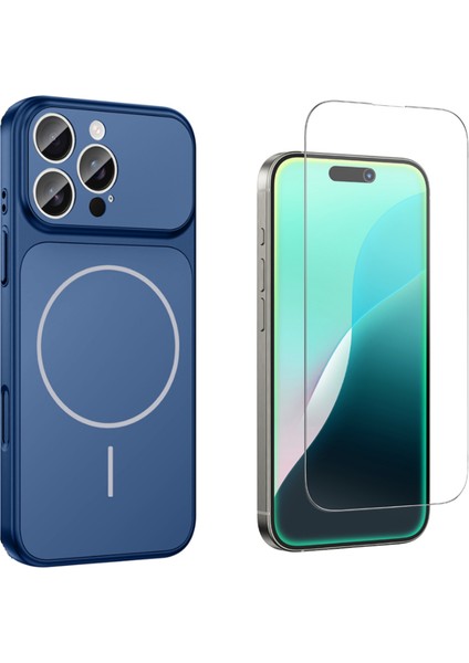 Iphone 14 Pro Max Kılıf M-Safe Şarj Özellikli Kamera Camlı Formen Kapak-Mavi + Cam Ekran Koruyucu