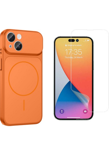 Iphone 13 Kılıf M-Safe Şarj Özellikli Kamera Camlı Formen Kapak-Turuncu + Nano Ekran Koruyucu