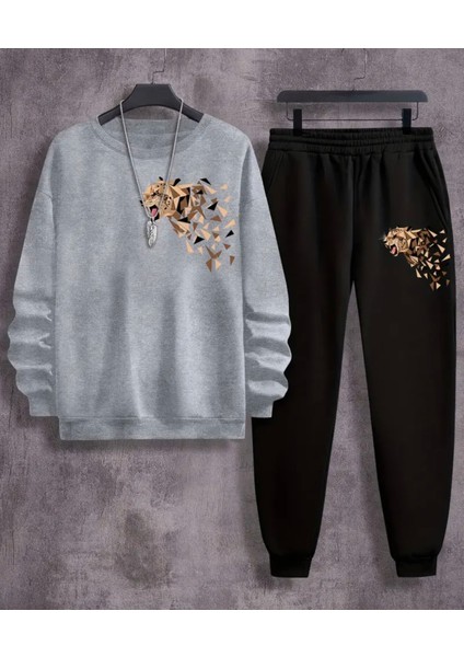 Büyük Beden Özel Tasarım Mozaik Kaplan Baskılı %100 Pamuk Kışlık 2 Li Dış Mekan Erkek Eşofman Takımı