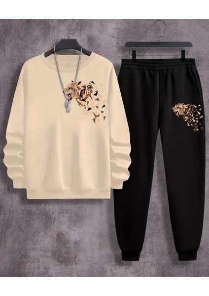 Büyük Beden Özel Tasarım Mozaik Kaplan Baskılı %100 Pamuk Kışlık 2 Li Dış Mekan Erkek Eşofman Takımı