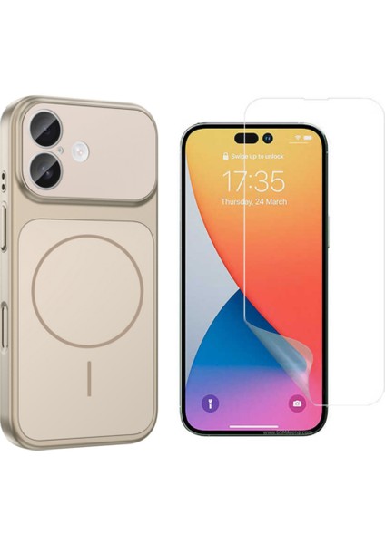 Iphone 16 Kılıf M-Safe Şarj Özellikli Kamera Camlı Formen Kapak-Gold + Cam Ekran Koruyucu