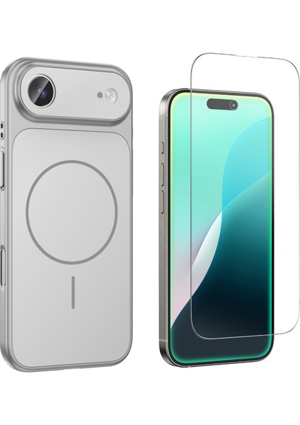 Iphone 17 Air Kılıf M-Safe Şarj Özellikli Kamera Camlı Formen Kapak-Gümüş + Cam Ekran Koruyucu