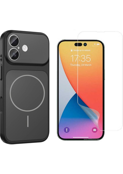 Iphone 16 Kılıf M-Safe Şarj Özellikli Kamera Camlı Formen Kapak-Siyah + Nano Ekran Koruyucu