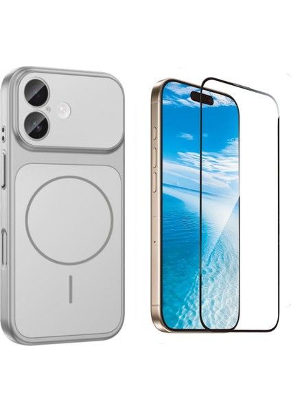 Iphone 16 Kılıf M-Safe Şarj Özellikli Kamera Camlı Formen Kapak-Gümüş + Tam Kaplayan Antistatik Esd Ekran Koruyucu