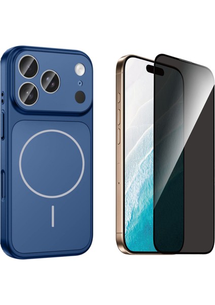 Iphone 17 Pro Max Kılıf M-Safe Şarj Özellikli Kamera Camlı Formen Kapak-Mavi + Tam Kaplayan Hayalet Ekran Koruyucu