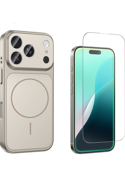 Iphone 17 Pro Kılıf M-Safe Şarj Özellikli Kamera Camlı Formen Kapak-Gri + Cam Ekran Koruyucu