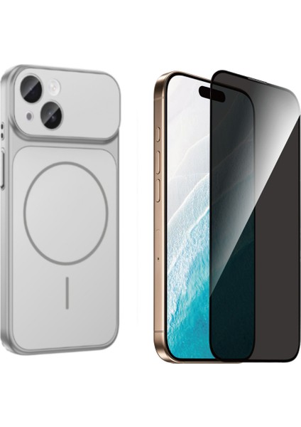 Iphone 13 Kılıf M-Safe Şarj Özellikli Kamera Camlı Formen Kapak-Gümüş + Tam Kaplayan Hayalet Ekran Koruyucu