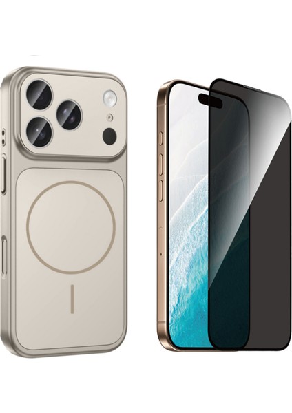 Iphone 17 Pro Max Kılıf M-Safe Şarj Özellikli Kamera Camlı Formen Kapak-Gri + Tam Kaplayan Hayalet Ekran Koruyucu