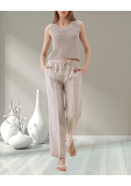 xint Kadın Naturel Beli Lastikli ve Bağcık Kapamalı Oversize Keten Basic Pantolon