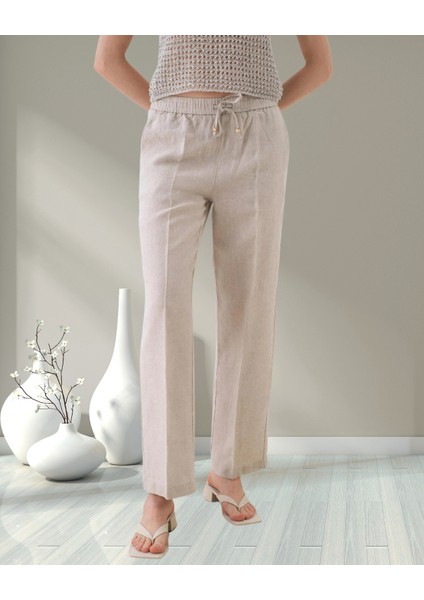 xint Kadın Naturel Beli Lastikli ve Bağcık Kapamalı Oversize Keten Basic Pantolon indirimleri