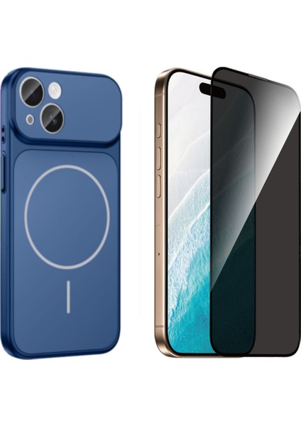 Iphone 13 Kılıf M-Safe Şarj Özellikli Kamera Camlı Formen Kapak-Mavi + Tam Kaplayan Hayalet Ekran Koruyucu