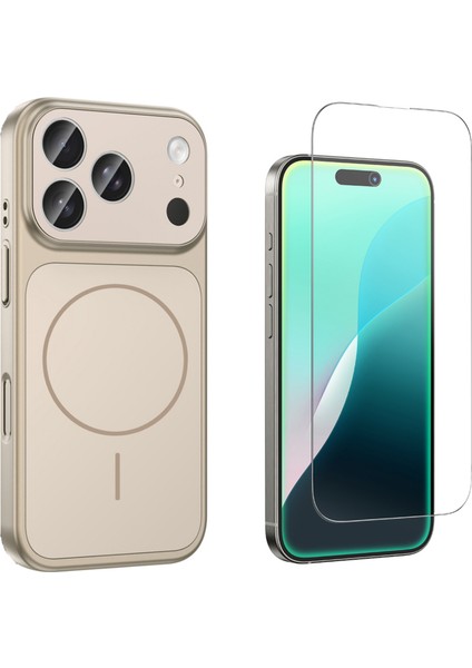 Iphone 17 Pro Max Kılıf M-Safe Şarj Özellikli Kamera Camlı Formen Kapak-Gold + Cam Ekran Koruyucu