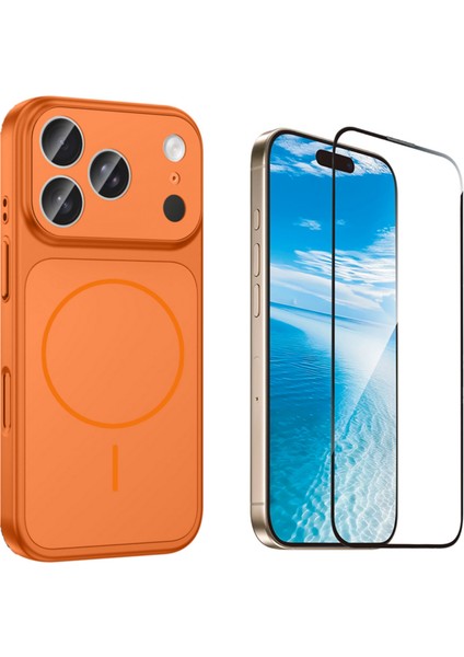 Iphone 17 Pro Max Kılıf M-Safe Şarj Özellikli Kamera Camlı Formen Kapak-Turuncu + Tam Kaplayan Antistatik Esd Ekran Koruyucu
