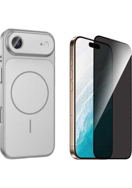 Iphone 17 Air Kılıf M-Safe Şarj Özellikli Kamera Camlı Formen Kapak-Gümüş + Tam Kaplayan Hayalet Ekran Koruyucu