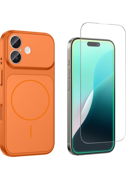 Iphone 16 Kılıf M-Safe Şarj Özellikli Kamera Camlı Formen Kapak-Turuncu + Cam Ekran Koruyucu