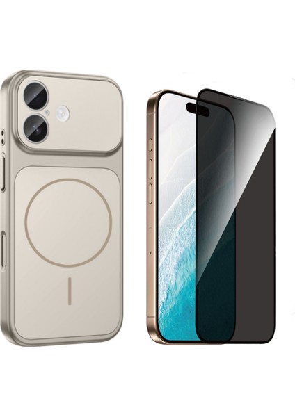 Iphone 16 Kılıf M-Safe Şarj Özellikli Kamera Camlı Formen Kapak-Gri + Tam Kaplayan Hayalet Ekran Koruyucu