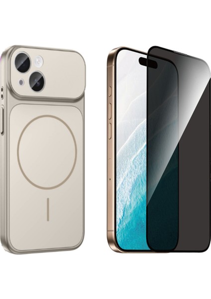 Iphone 13 Kılıf M-Safe Şarj Özellikli Kamera Camlı Formen Kapak-Gri + Tam Kaplayan Hayalet Ekran Koruyucu