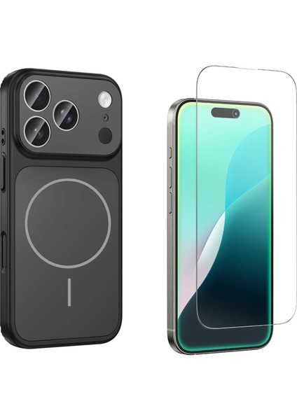 Iphone 17 Pro Kılıf M-Safe Şarj Özellikli Kamera Camlı Formen Kapak-Siyah + Cam Ekran Koruyucu