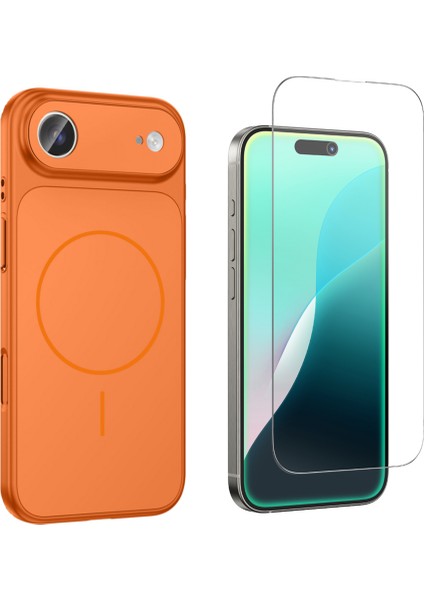 Iphone 17 Air Kılıf M-Safe Şarj Özellikli Kamera Camlı Formen Kapak-Turuncu + Cam Ekran Koruyucu