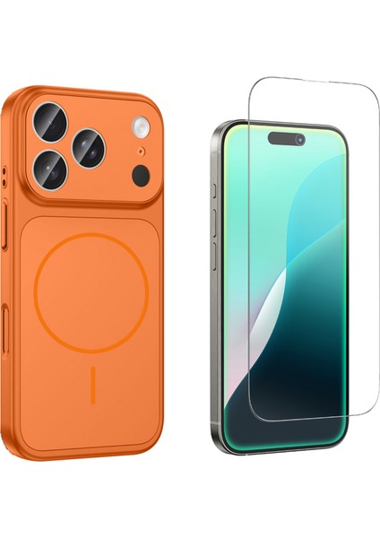 Iphone 17 Pro Max Kılıf M-Safe Şarj Özellikli Kamera Camlı Formen Kapak-Turuncu + Cam Ekran Koruyucu