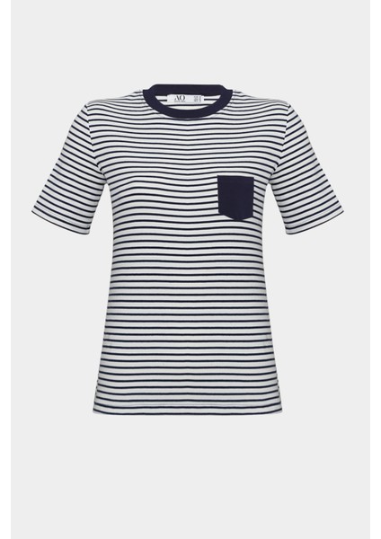 Premium Çizgili Cep Detaylı Kısa Kol Pamuklu Tişört