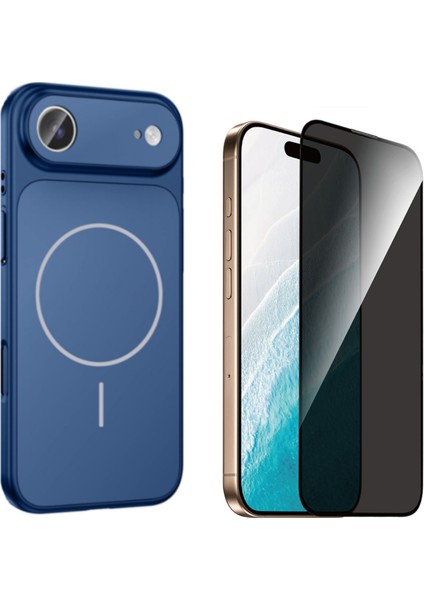 Iphone 17 Air Kılıf M-Safe Şarj Özellikli Kamera Camlı Formen Kapak-Mavi + Tam Kaplayan Hayalet Ekran Koruyucu